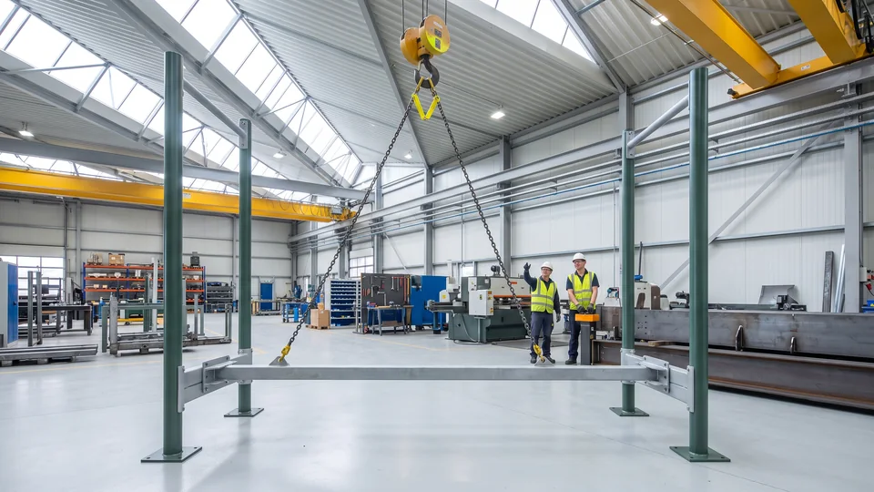 A complete welded frame hangs from the overhead crane ready for galvanizing