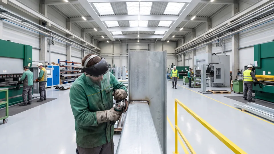 A welder grinds spatter off a weld