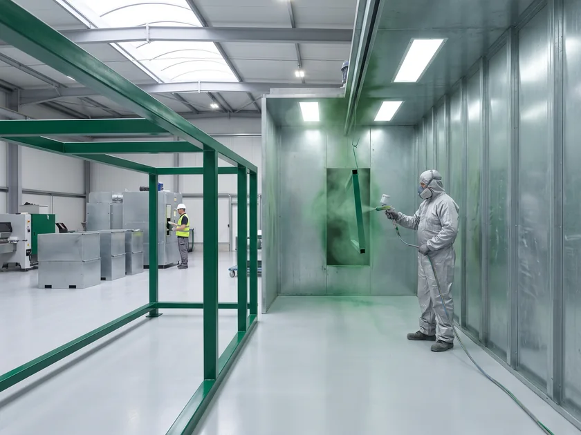 A painter sprays evergreen polyester powder onto a galvanized frame