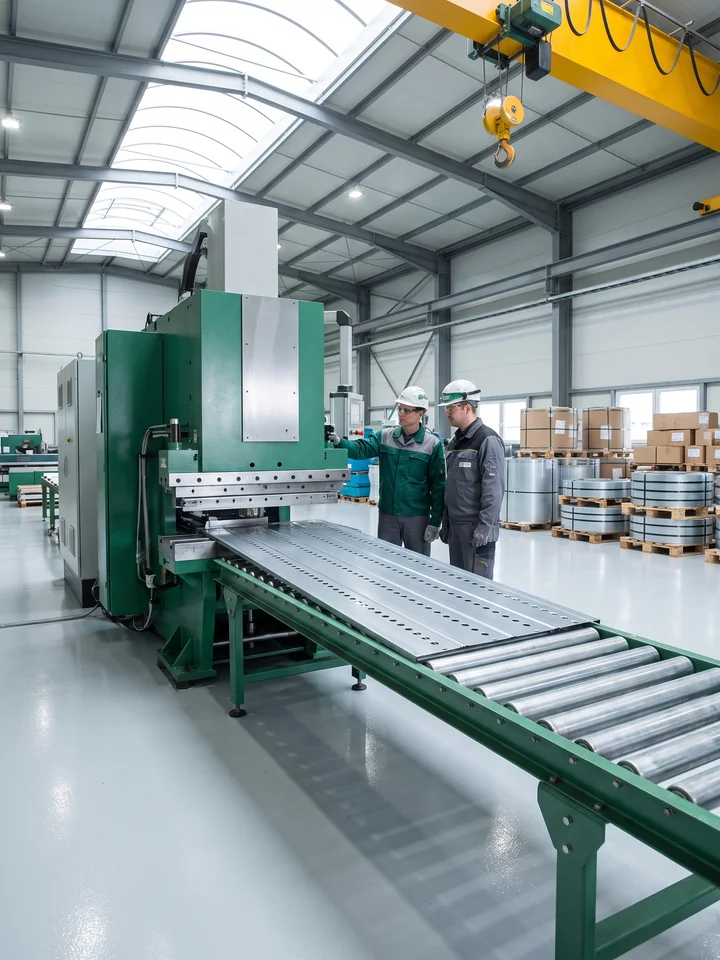 A punched steel deck sheet on the punching press