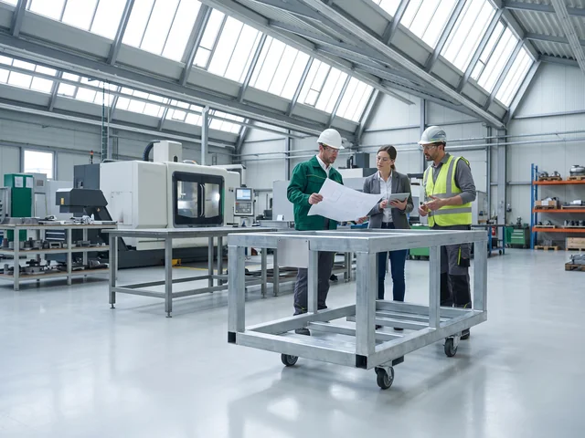 Two buyers and a project manager look at a labeled frame against a printed drawing