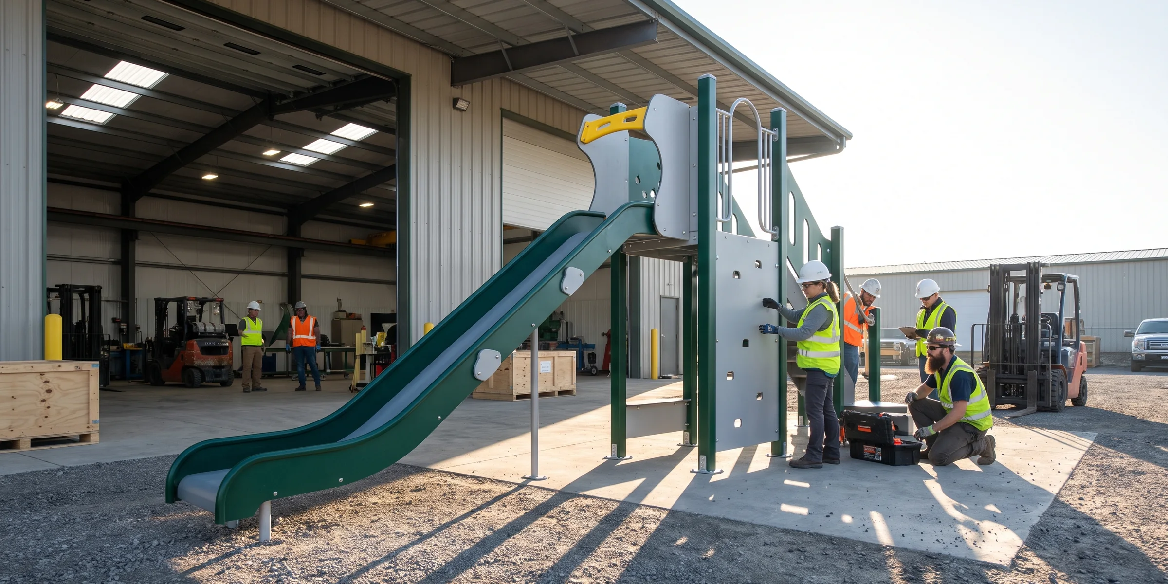 A pre-assembled evergreen, grey and yellow slide structure standing in the factory yard