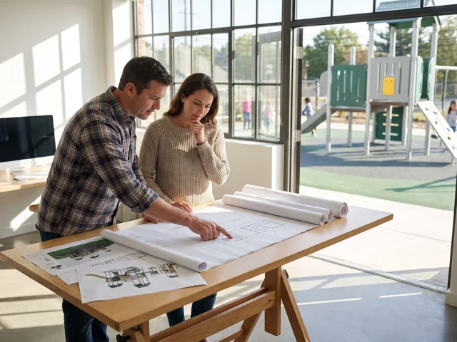 Two designers at a drafting table with printed layout drawings in the design office