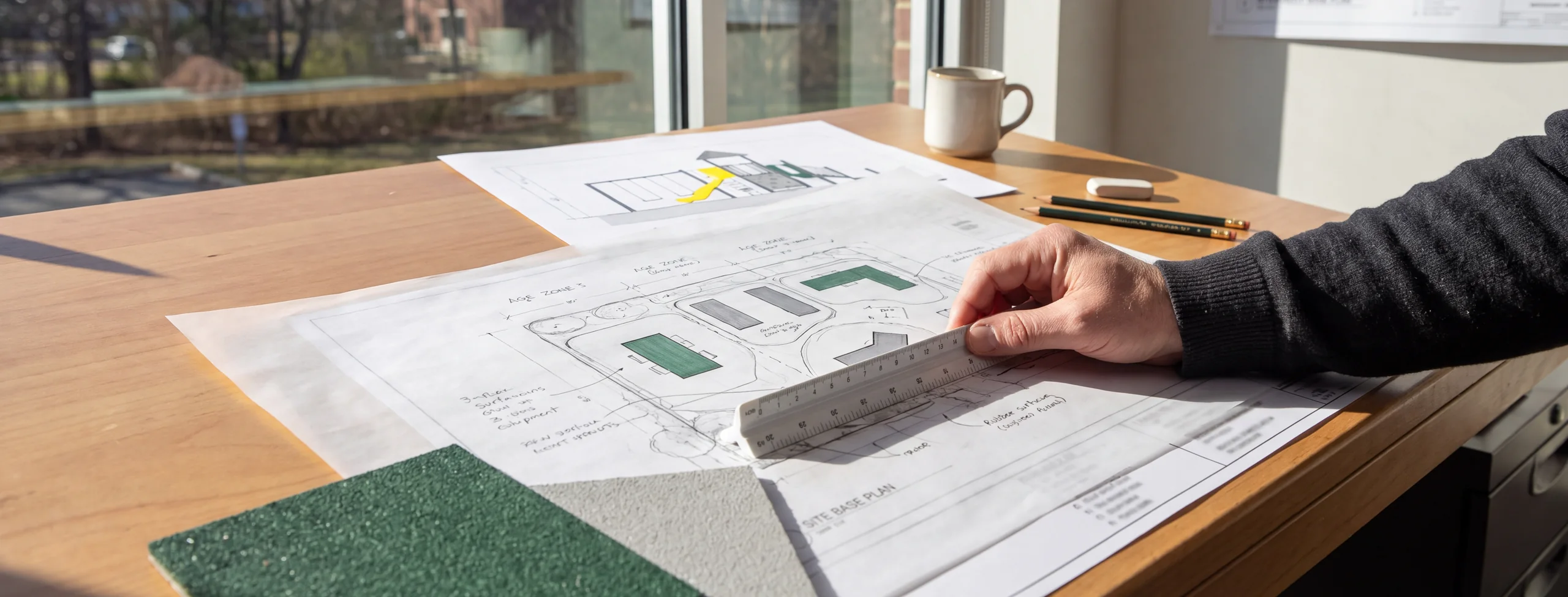 A designer's hand holding a scale ruler over a printed site base, a sheet of tracing paper on top with pencil zone outlines