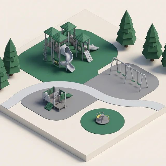 Aerial 3D render of the same park playground layout
