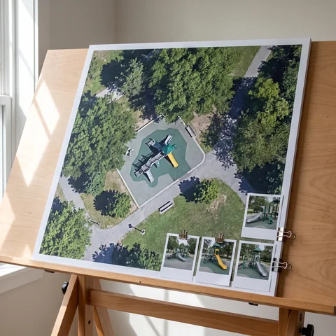 A printed satellite screenshot of a site with four site photos clipped beside it