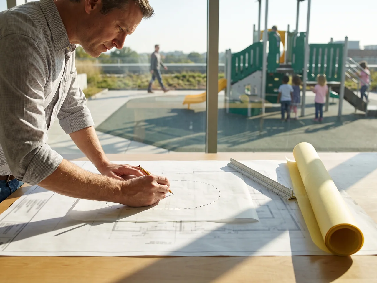 A landscape architect tracing use zones on tracing paper laid over a printed plan set