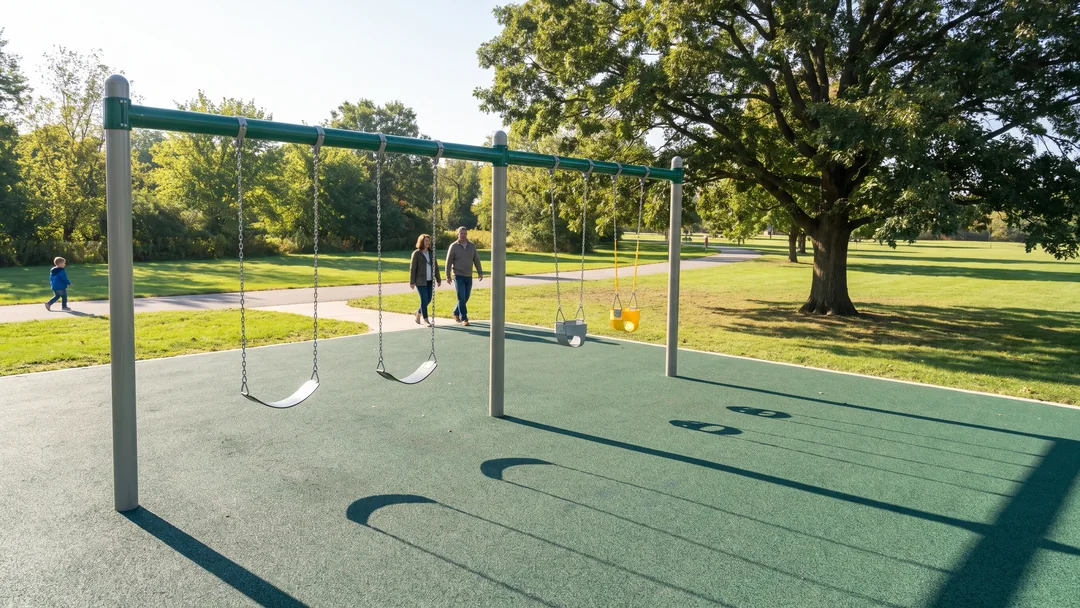 A swing set standing clear of a mature tree canopy, rubber surfacing underneath