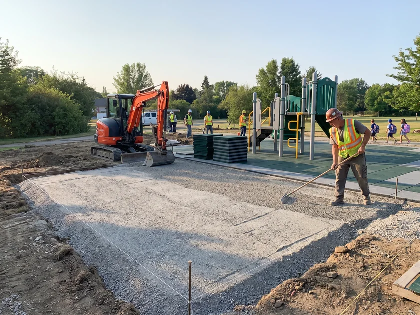 An installer preparing the excavated base for poured-in-place surfacing