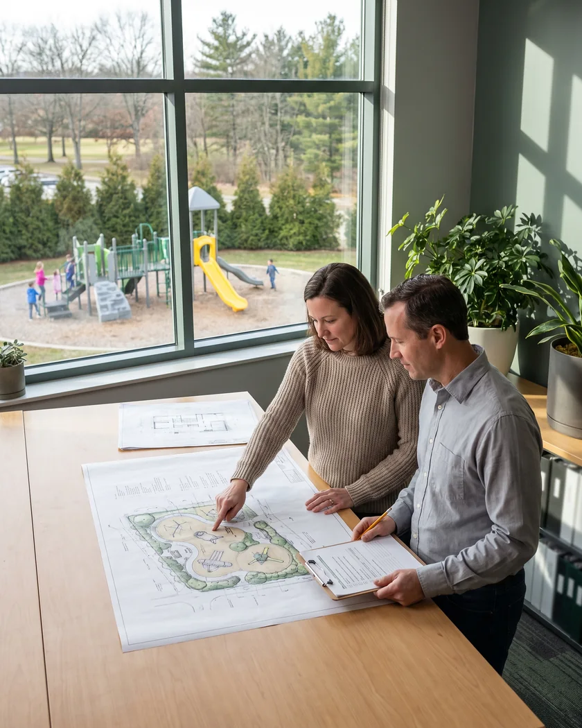 Two designers at a plan table, one pointing to a structure on a printed layout, the other holding a checklist