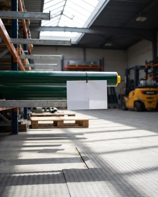 A powder-coated evergreen post with a white part label tied to it