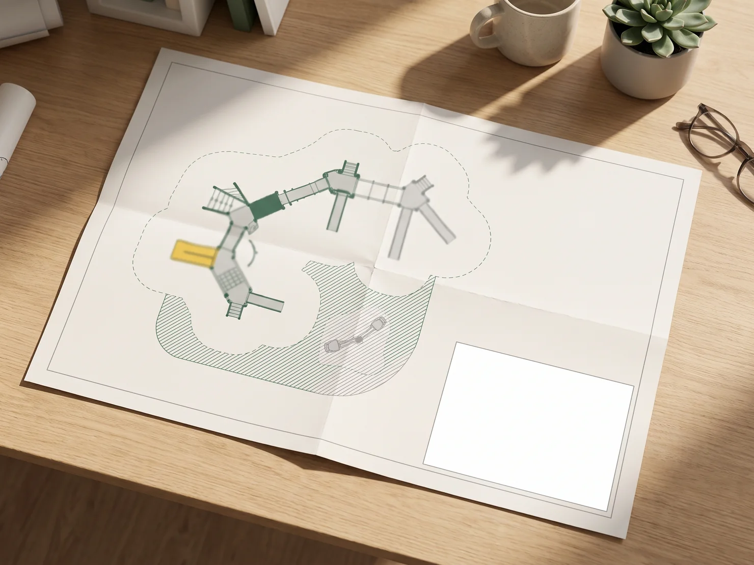 A printed playground layout sheet on a table with an empty title block area at the lower right