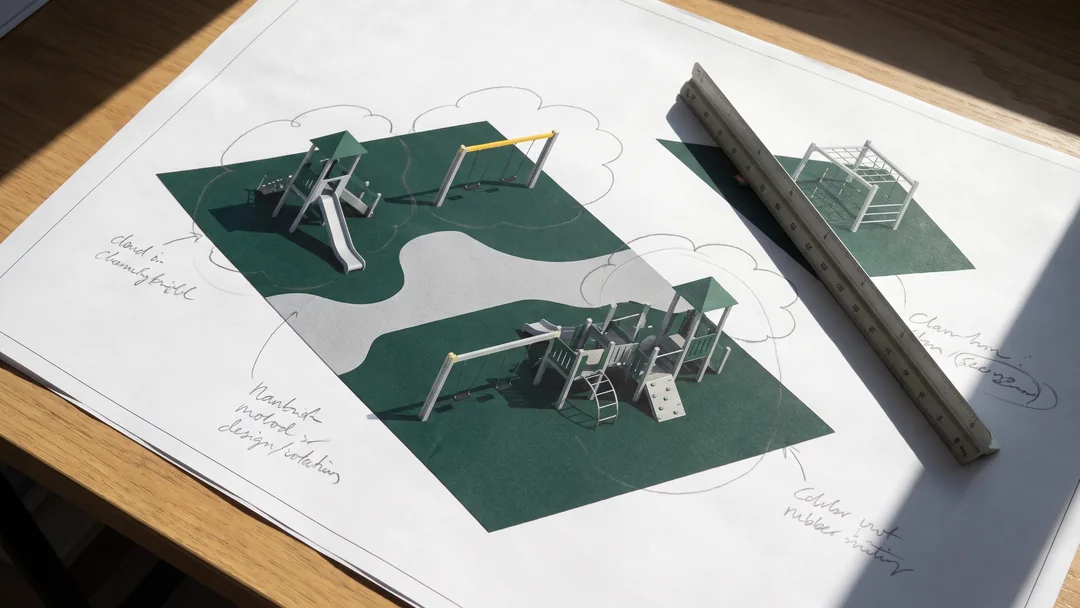A printed layout with pencil revision clouds and notes, a scale ruler across it