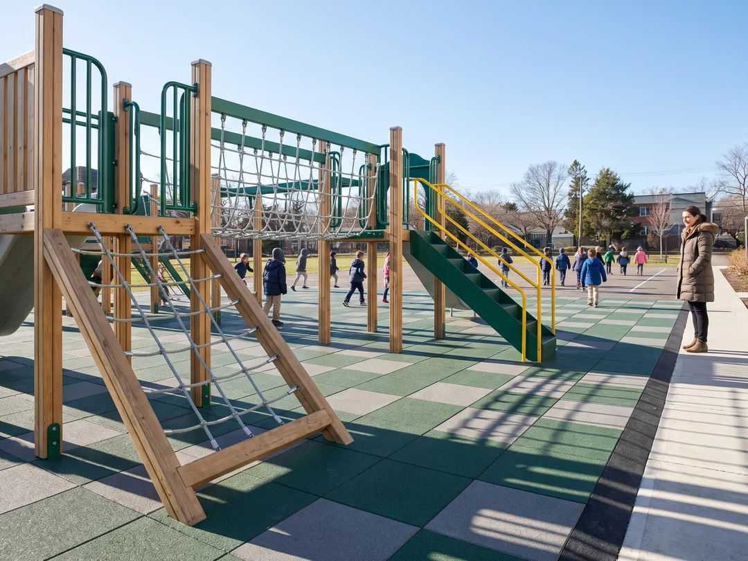 A school playground with a teacher on duty at the edge