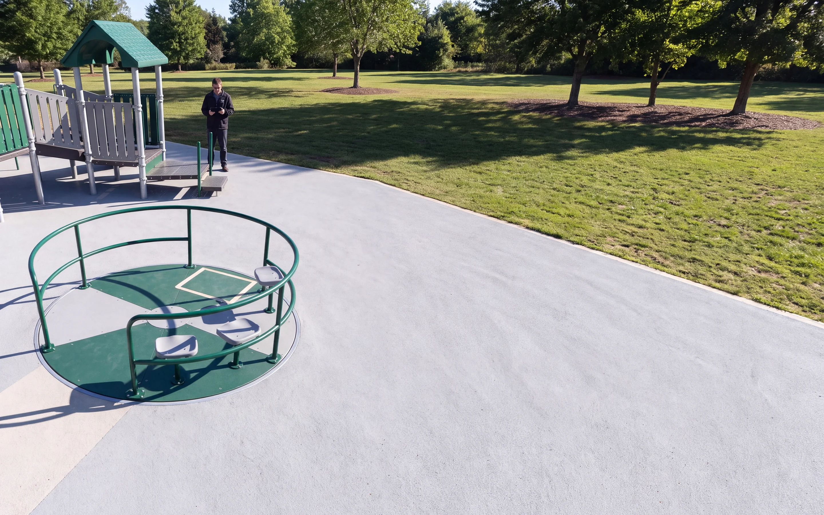 A large ground-level inclusive spinner set flush in light grey poured rubber surfacing in a morning park, seen from above, with a paler accessible path running straight to the deck edge