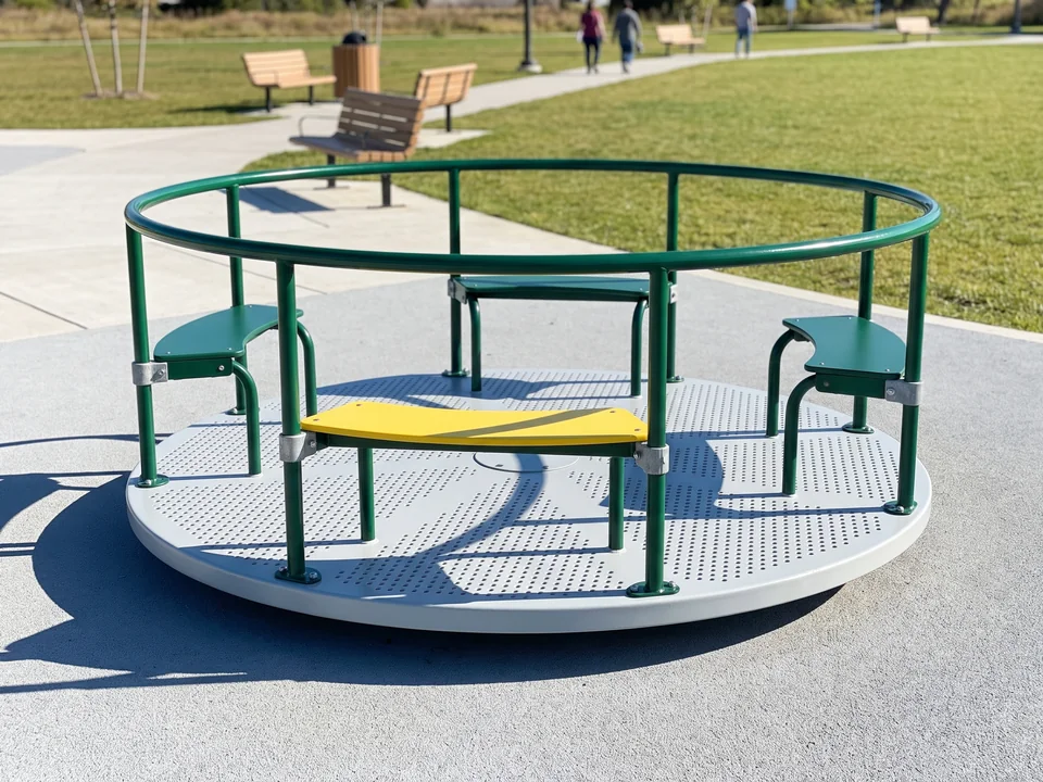 A classic merry-go-round with a punched plastisol-coated deck, evergreen grab-rail ring and seats beside a park lawn