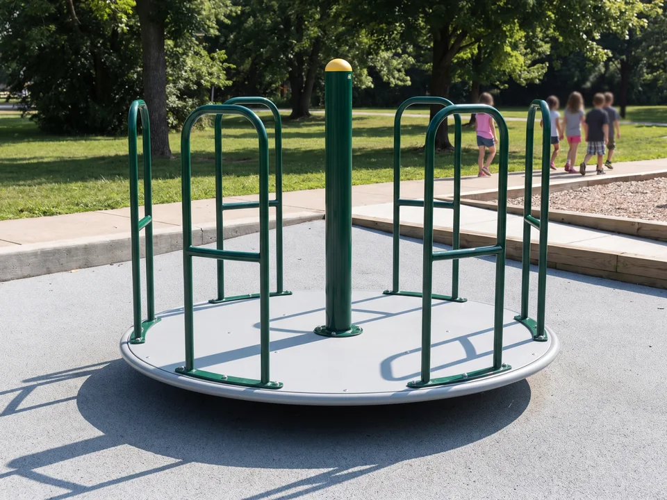A multi-user standing spinner with a center post, a standing ring deck and rails