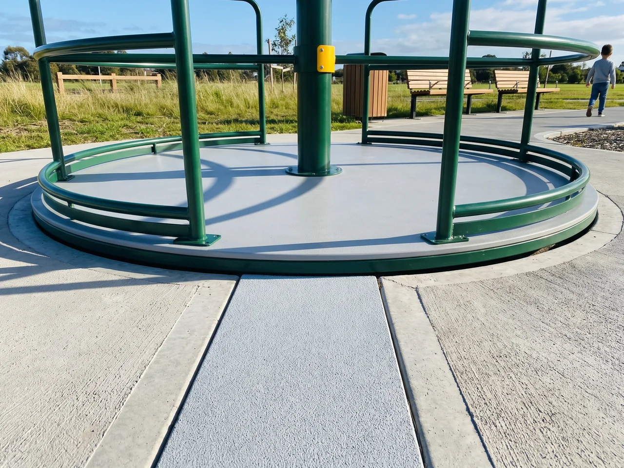 A ground-level inclusive spinner seen low from the side, its deck level with the path and surfacing