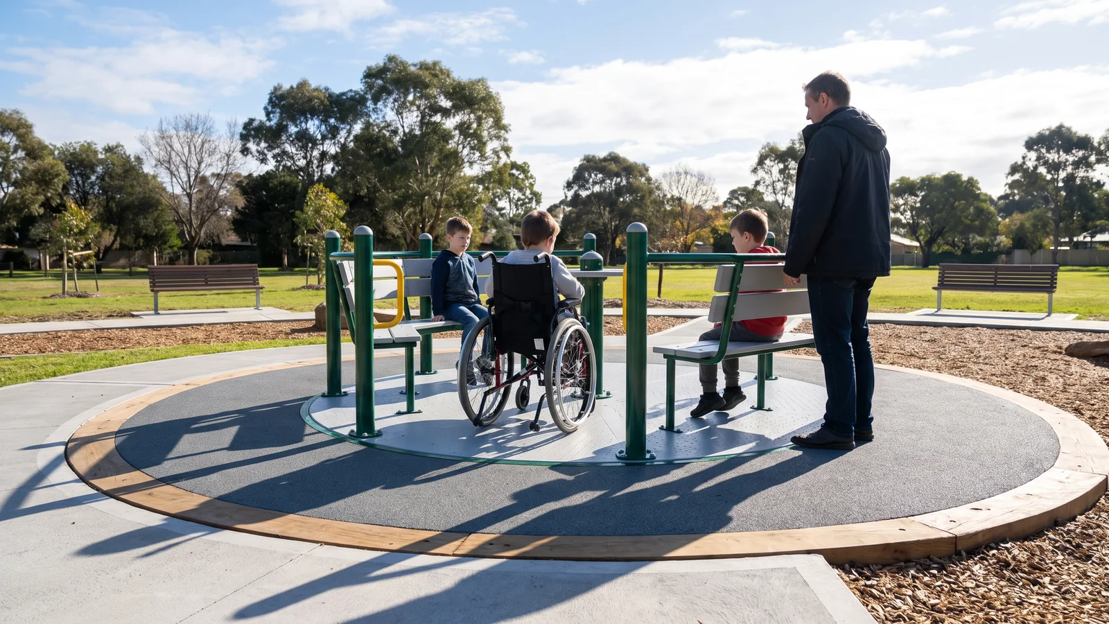 At mid distance, seen from the side, a child in a wheelchair on the marked space of a still spinner deck, two friends on the companion seats and an adult carer beside the deck