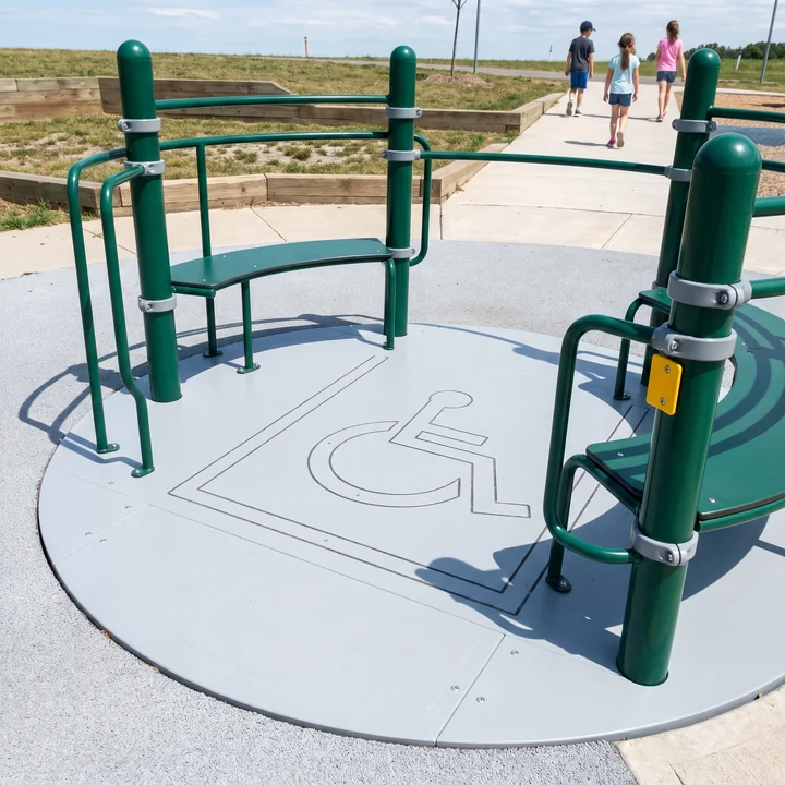 The marked wheelchair space on a spinner deck with rails around it and two companion seats beside it