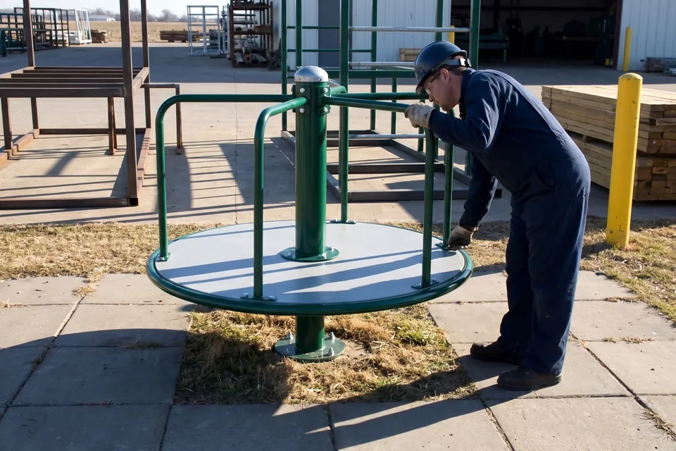 A QC inspector turning a spinner slowly by the deck edge in the pre-assembly yard