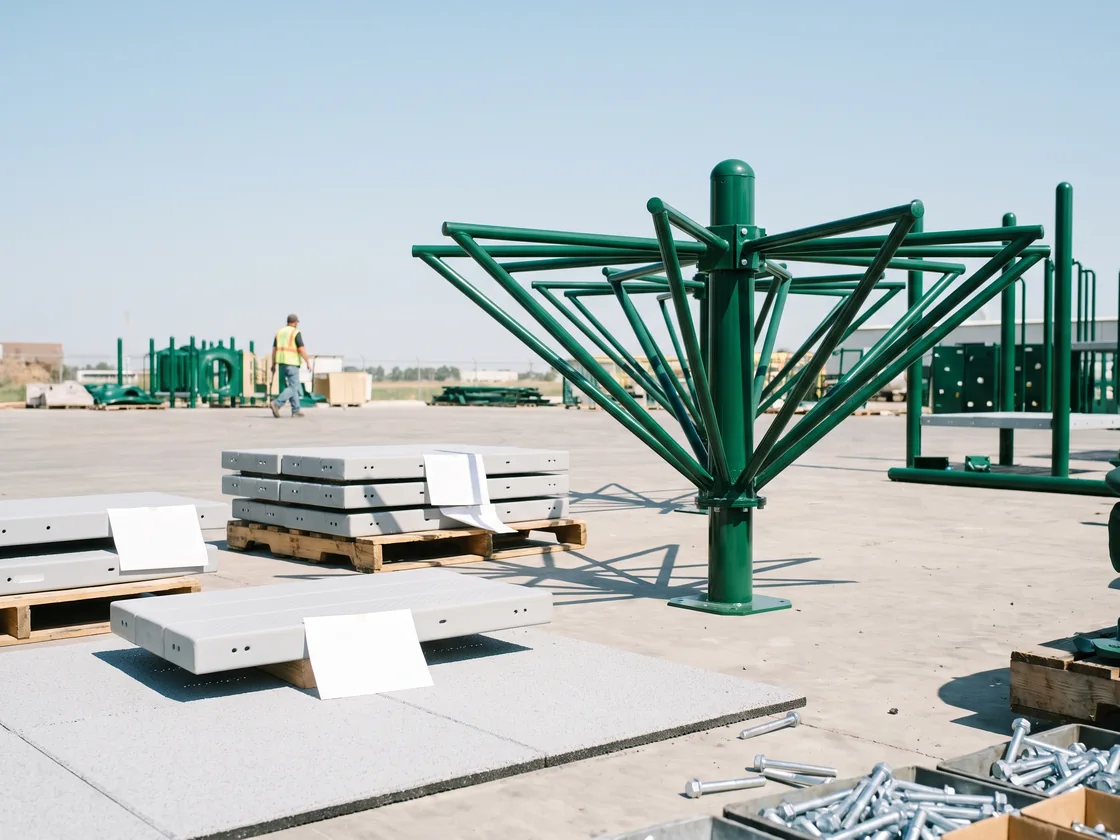 A spinner standing on its center post in the factory pre-assembly yard beside its dismantled deck sections