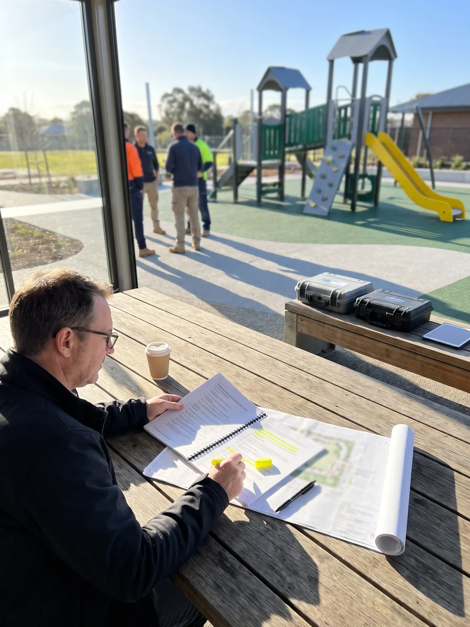 A specifier reads the standards clause of a tender document next to a printed site plan
