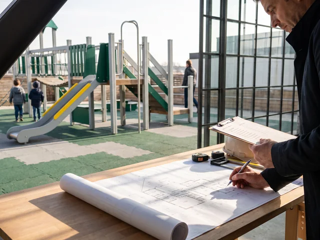 A second designer ticks a checklist against a printed layout drawing