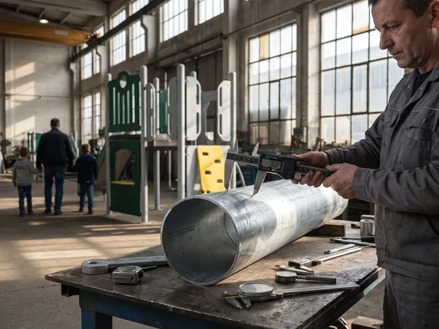 A digital caliper measures the wall of a galvanized steel tube at incoming inspection