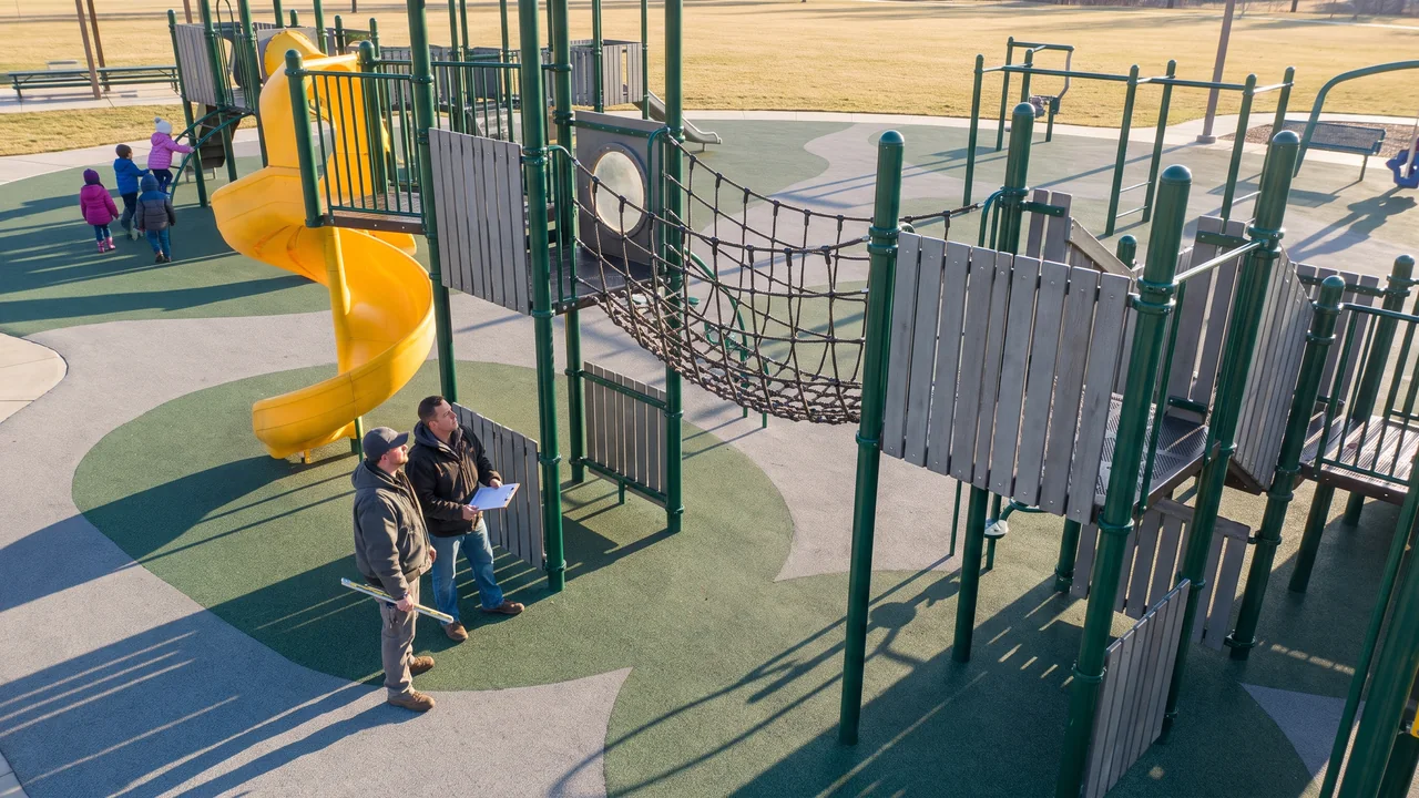 A taller play structure with barrier panels, a spiral slide and a rope net for the 5 to 12 year zone