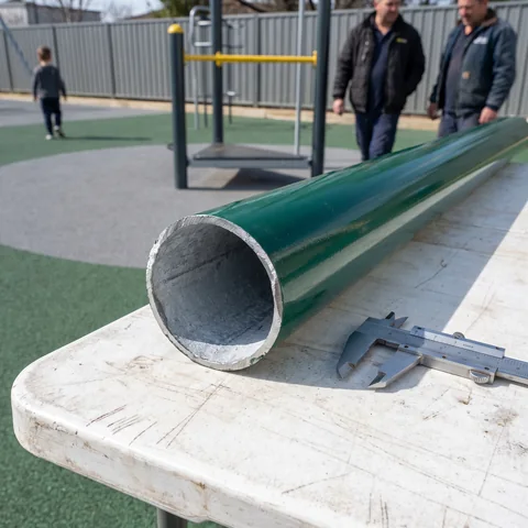 The cut end of a galvanized and evergreen powder-coated steel post showing the tube wall