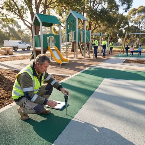 A site inspector measures the laid surfacing