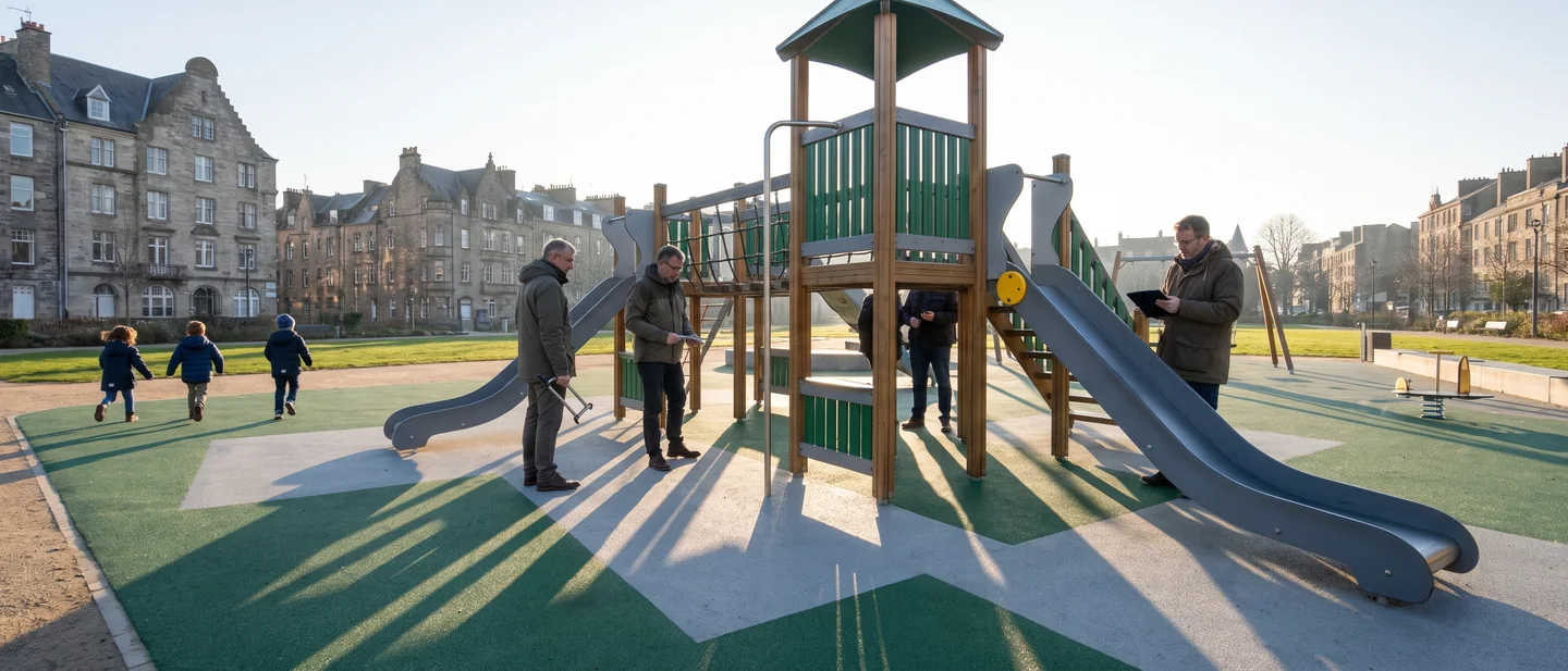 A multi-deck play structure in a European city park