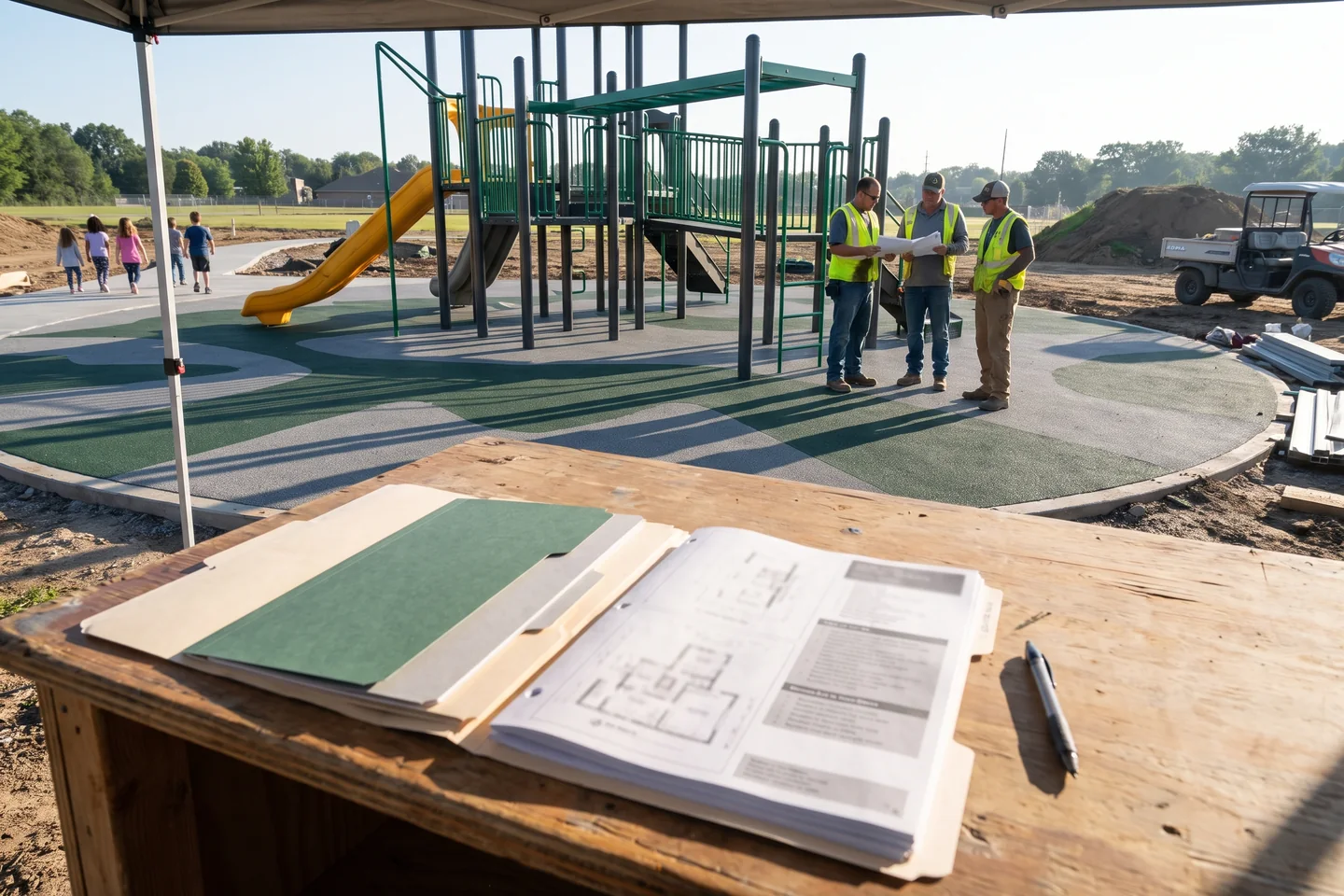 An open project folder with dividers, installation drawings and a spec sheet
