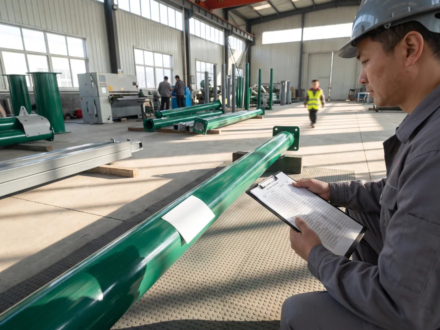 A QC inspector checks a new post with a part label against the part list