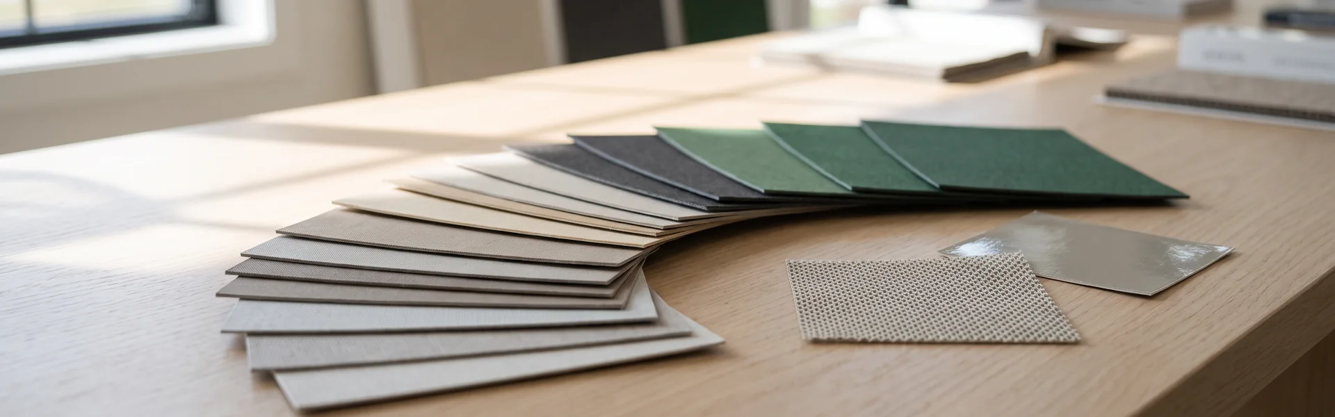 Shade fabric color card with a knitted sample and a coated sample on a table