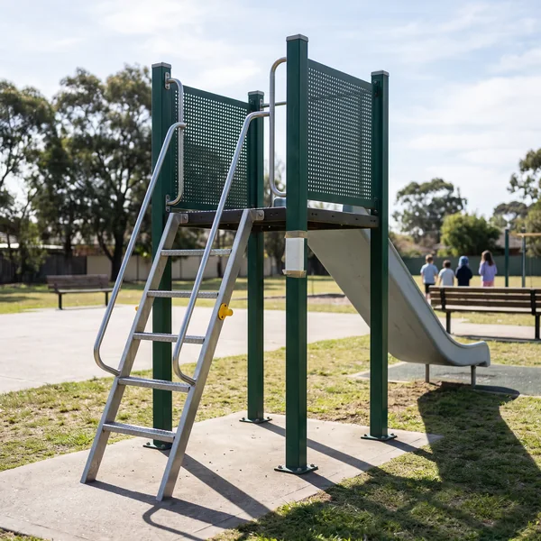 A freestanding slide unit with a ladder, a single deck and a slide in a park corner