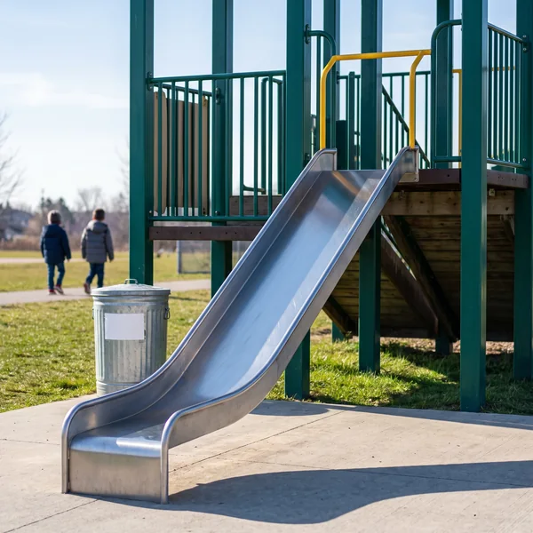 A brushed stainless steel straight slide on a play structure