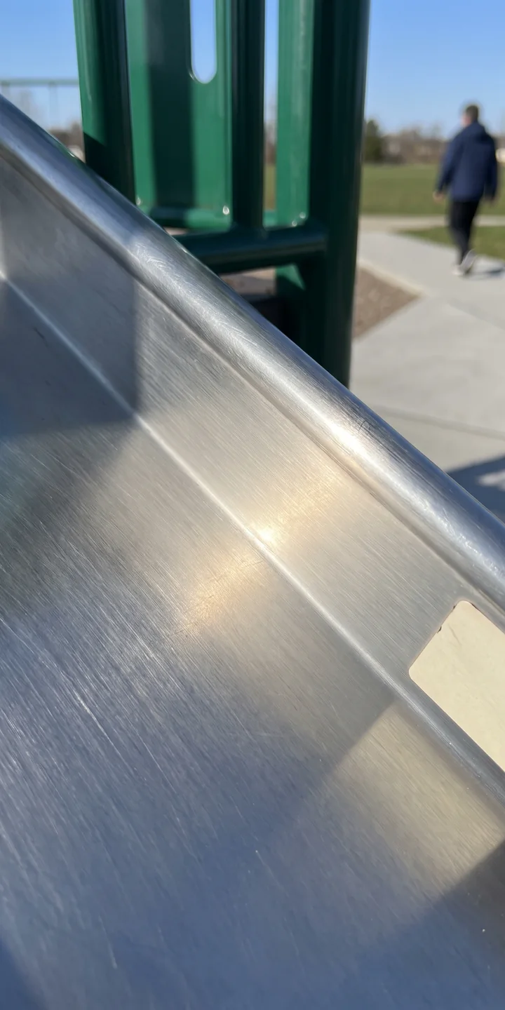 The brushed surface of a stainless steel slide with one line of morning highlight