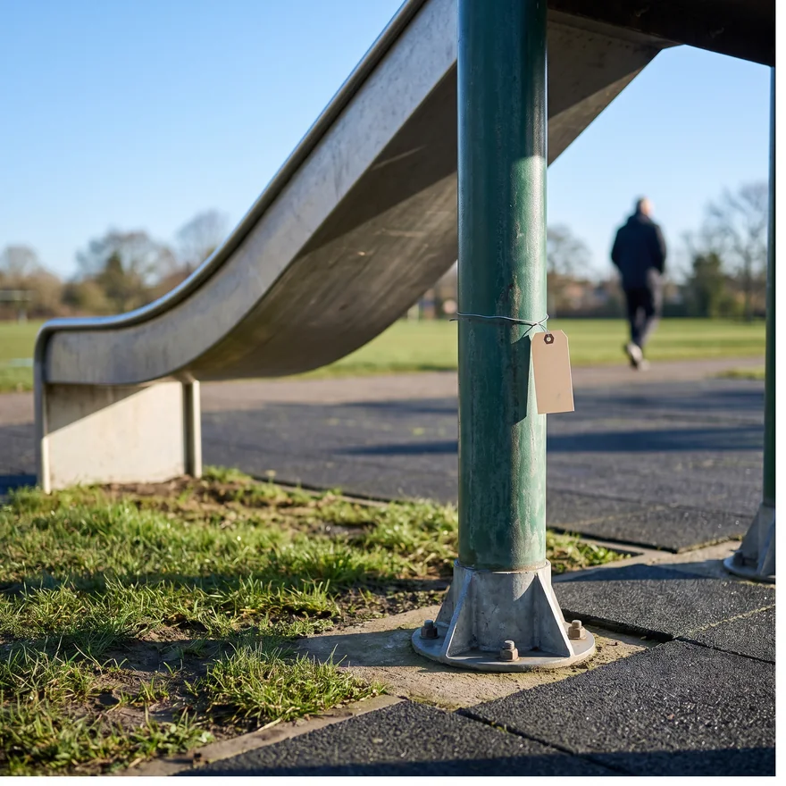 An evergreen intermediate support post carrying a long slide and entering the ground