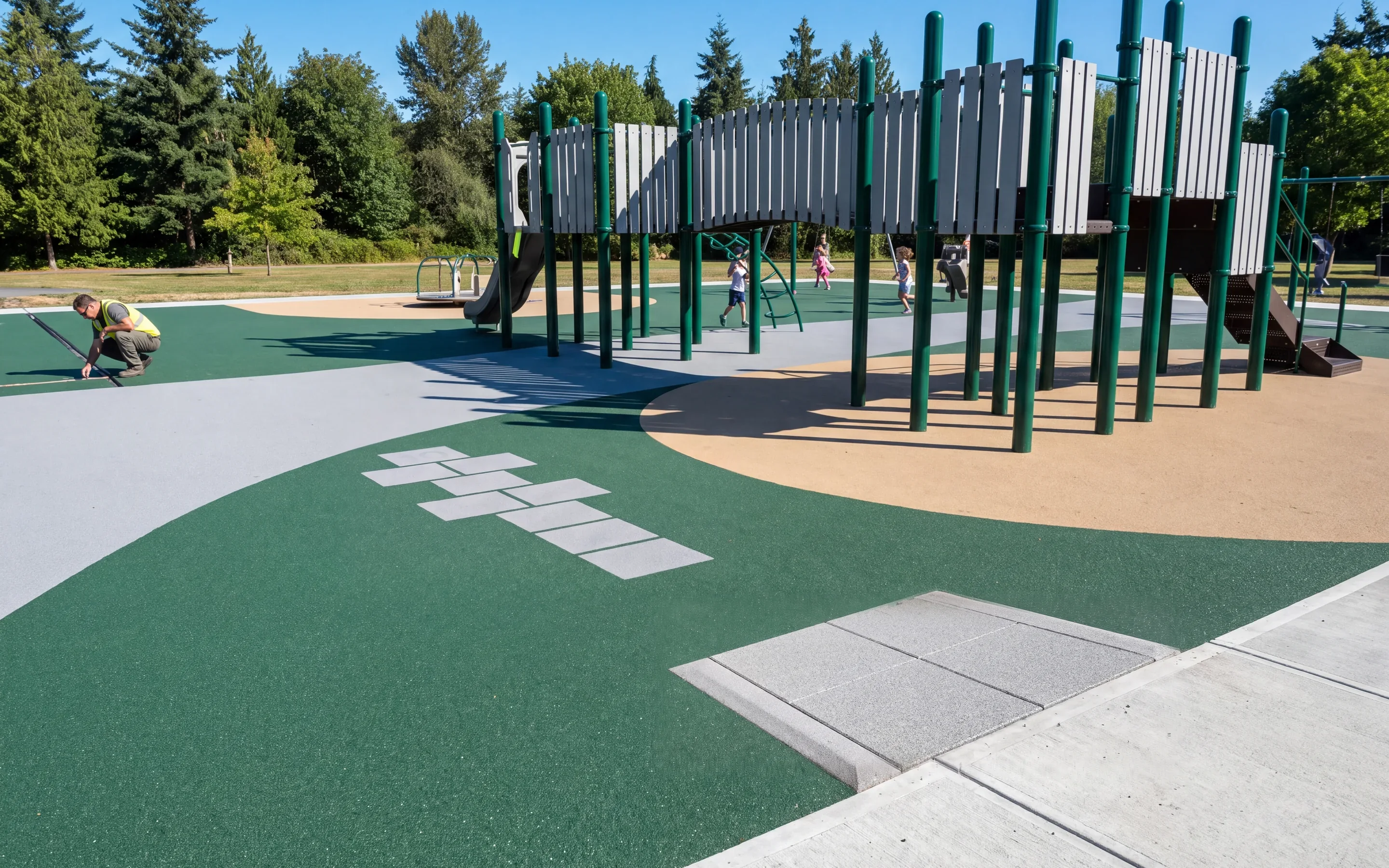 Poured-in-place EPDM playground surfacing in evergreen, light grey and sand with a curved route-edge color change and an inlaid hopscotch, seen from above in morning light