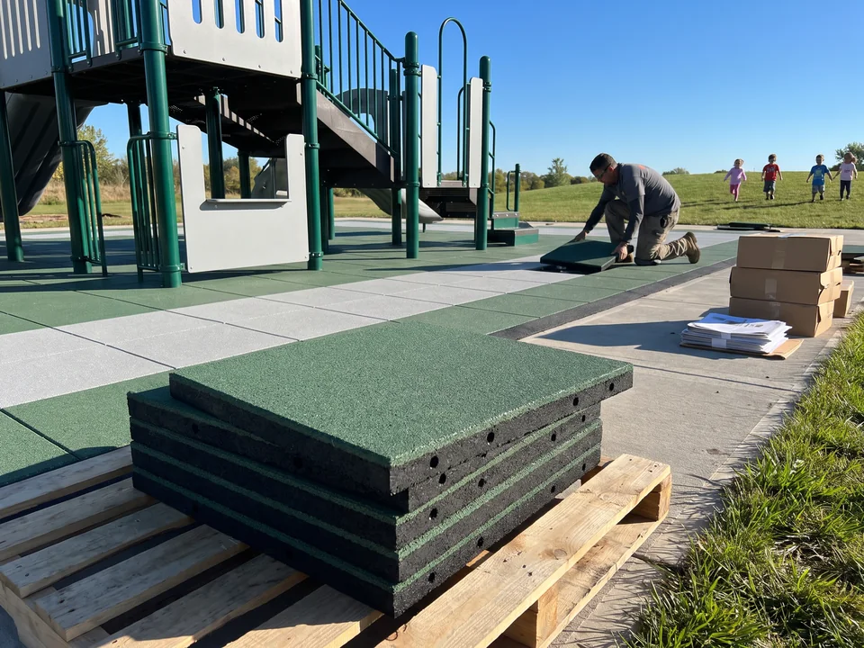 A two-layer rubber tile tilted on its edge beside a newly laid tile area, its black SBR base and evergreen EPDM wear layer visible
