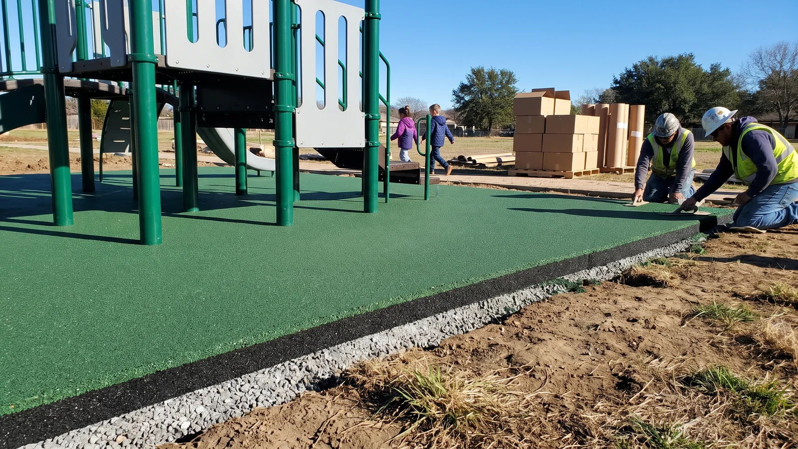 Poured-in-place EPDM laid on a new compacted aggregate base under a play structure, the cut edge showing the EPDM top layer and SBR cushion