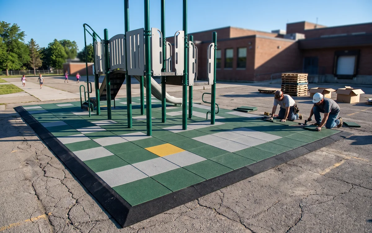 Rubber tile area newly laid on an old asphalt school yard, its ramp edge running down to the yard surface