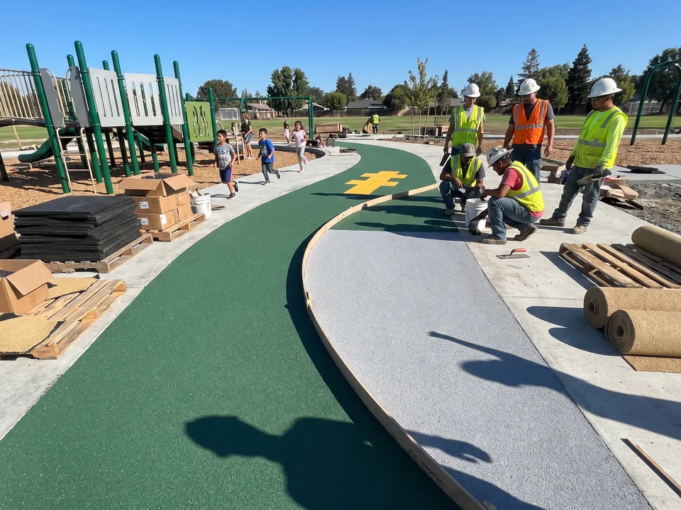 Freshly trowelled two-color poured-in-place pattern with the divider strip still in place