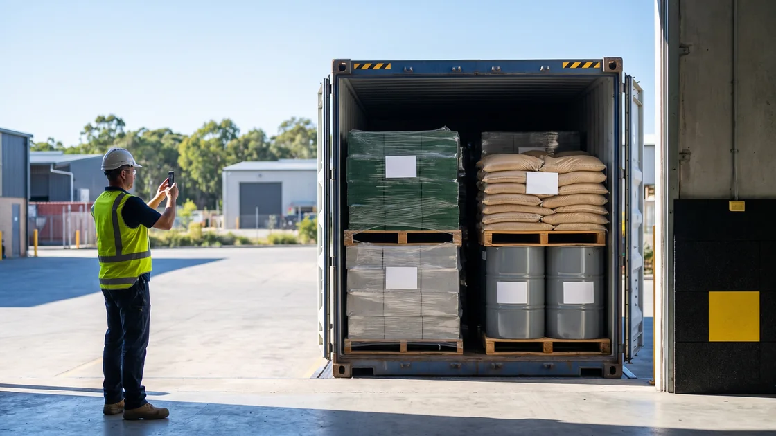 The open doors of a container with labeled tile pallets, granule bags and binder drums stacked to the doorway before sealing