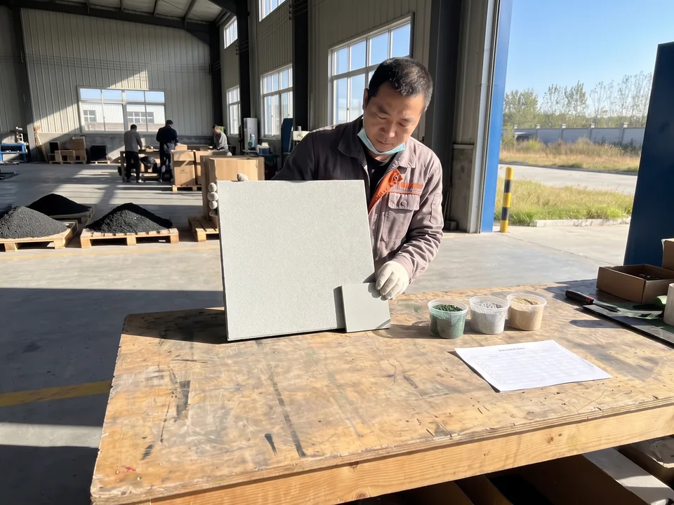 QC inspector holding a tile against the approved color sample at the factory bench