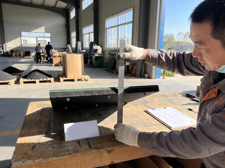 A QC inspector holding a steel ruler against the cut end of a rubber tile, its thickness and two layers plainly visible