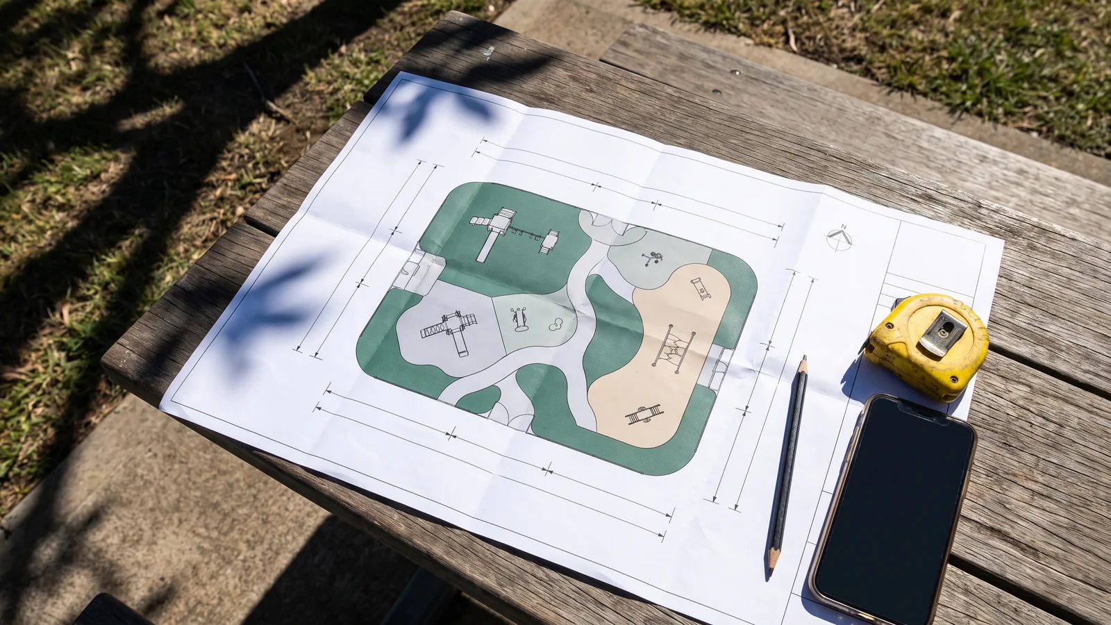 A scaled site plan of a play area with surfacing zones, dimension lines and access paths marked