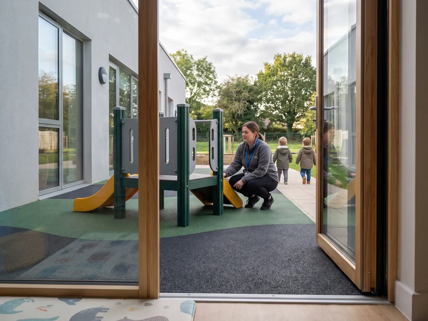 Infant room door opening onto the 6–23 month zone